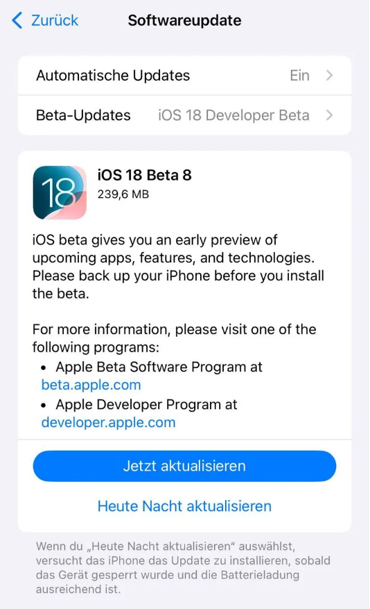 东郊镇苹果手机维修分享苹果 iOS / iPadOS 18 开发者预览版 Beta 8 发布 